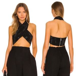 H:OURS Revolve Kiki Black Rhinestone Crystal Sparkle Crop Wrap Halter Tank Top